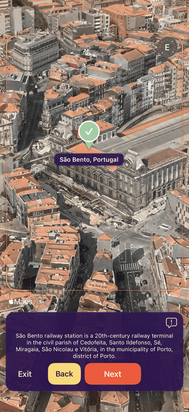 Explore in 3D: a tilted aerial view of the Castle of Sao Bento after the answer is revealed