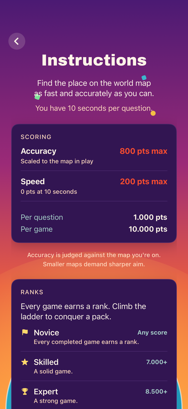 Scoring rules: 800 points accuracy, 200 points speed