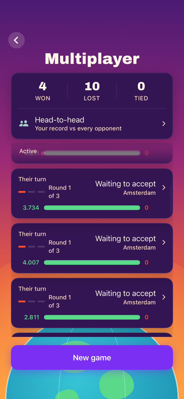 The multiplayer hub: won-lost-tied record, head-to-head stats, and active matches