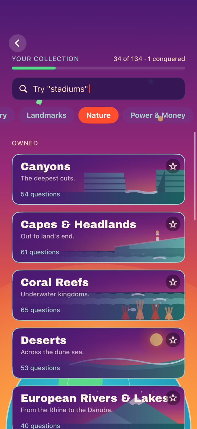 The Nature category in the Corto pack collection, with illustrated tiles for Canyons, Capes and Headlands, Coral Reefs, and Deserts