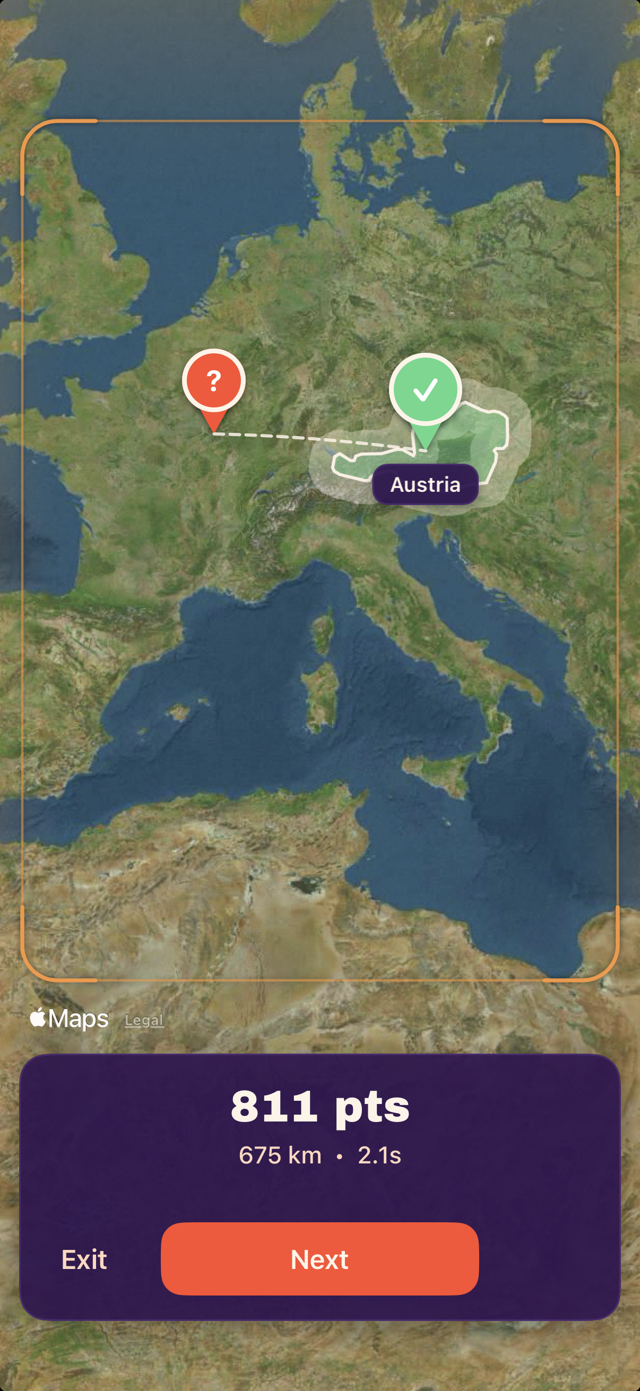 Country reveal: Austria's shape highlighted on the map with the answer pin