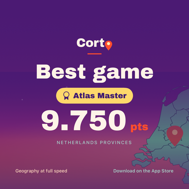 Corto share card: Best game, Atlas Master, 9,750 points on Netherlands Provinces